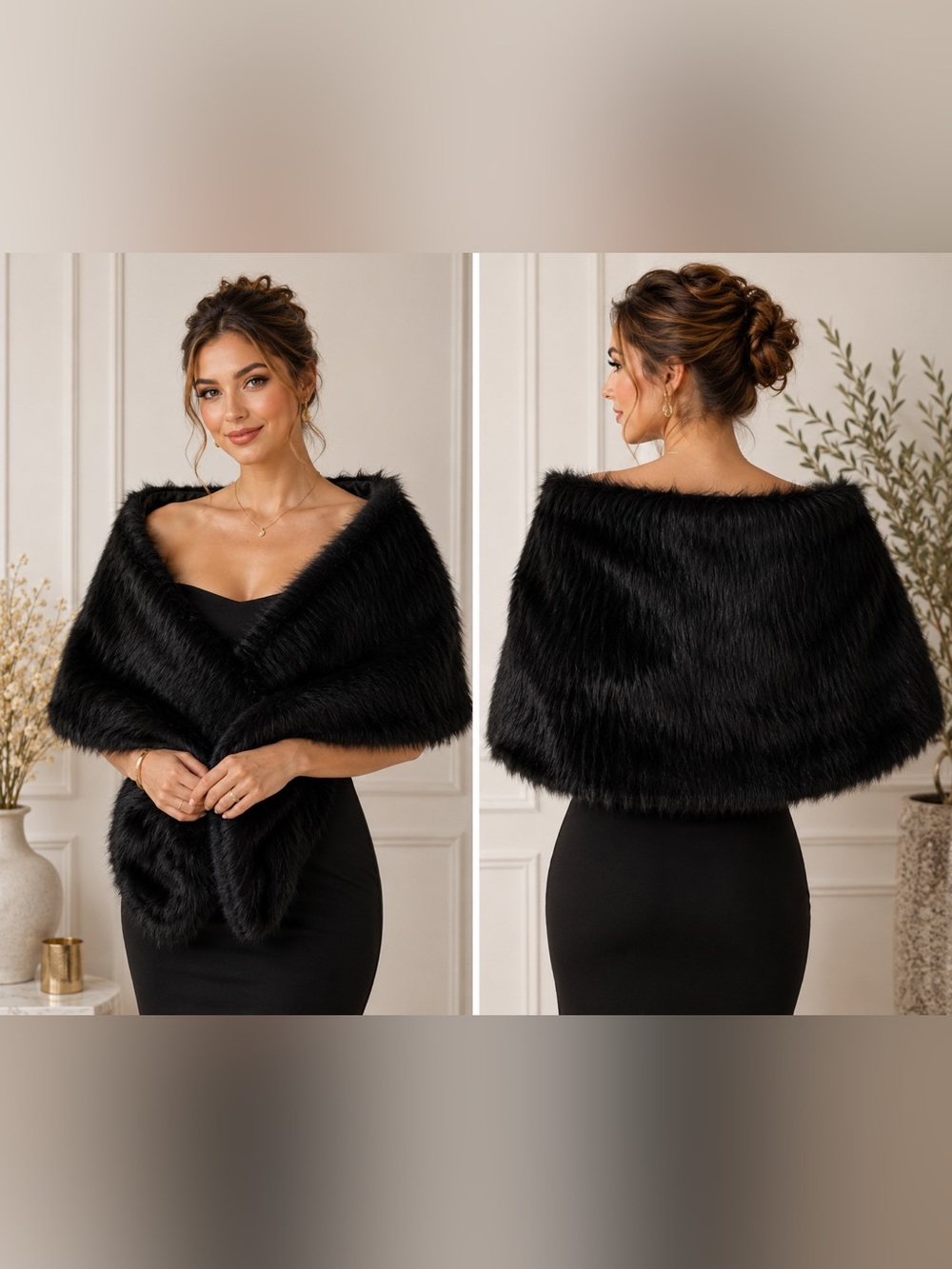 NEW Black Faux Fur Bridal Wrap Shawl Stole Wedding Evening Capelet Soft